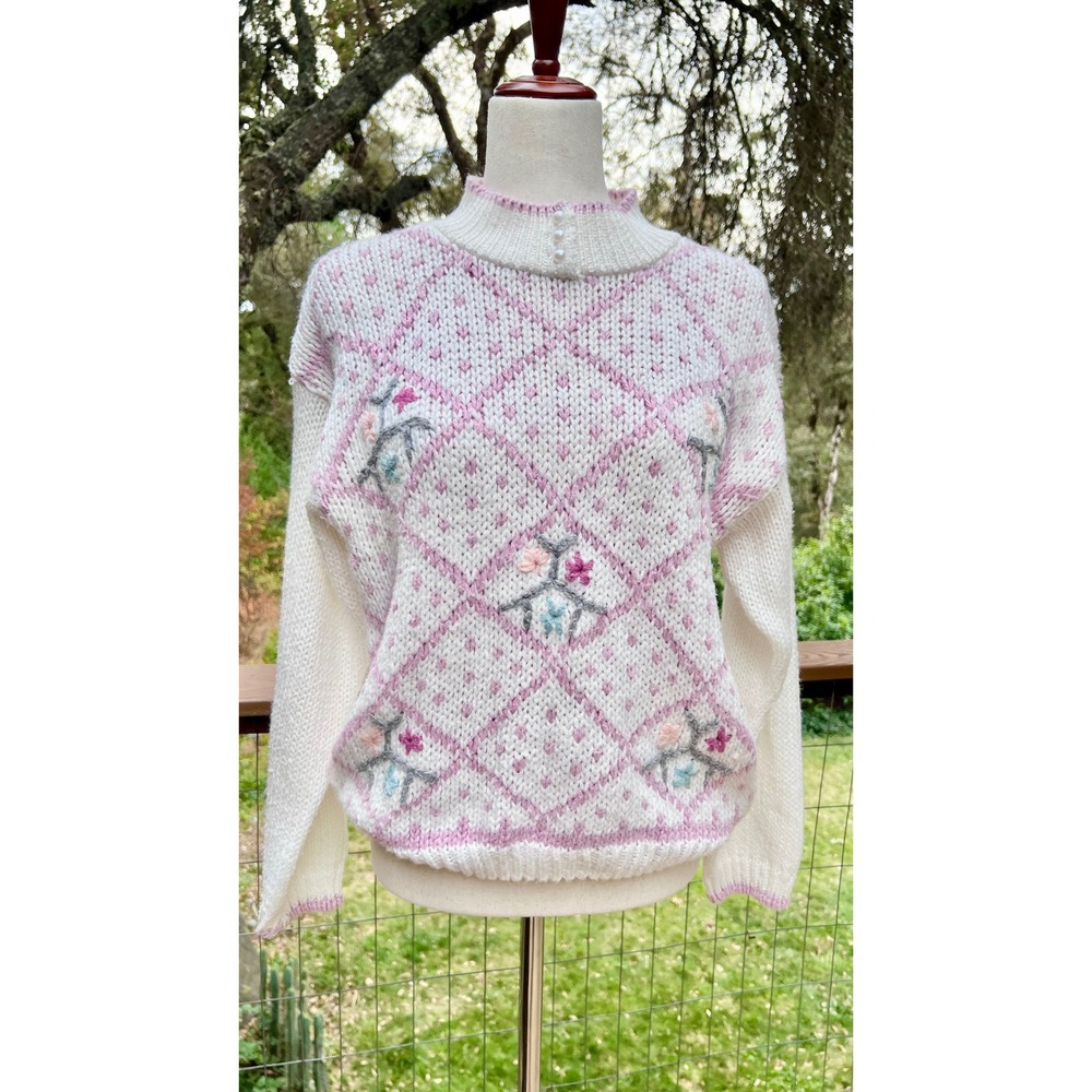 Vintage Exclusive imports Hand Knitted Floral Sweater Pink White Mock Neck